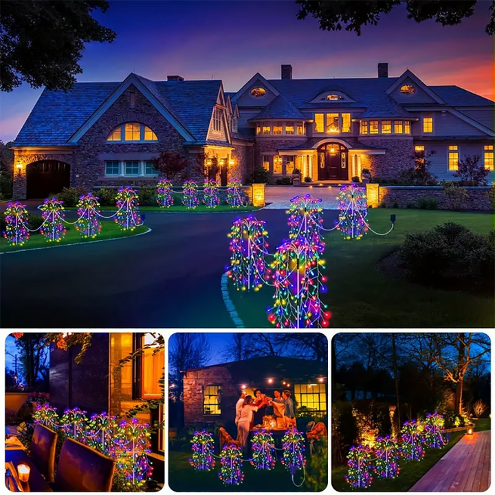 Large luxury house exterior illuminated by colorful solar firework string lights in the garden at dusk