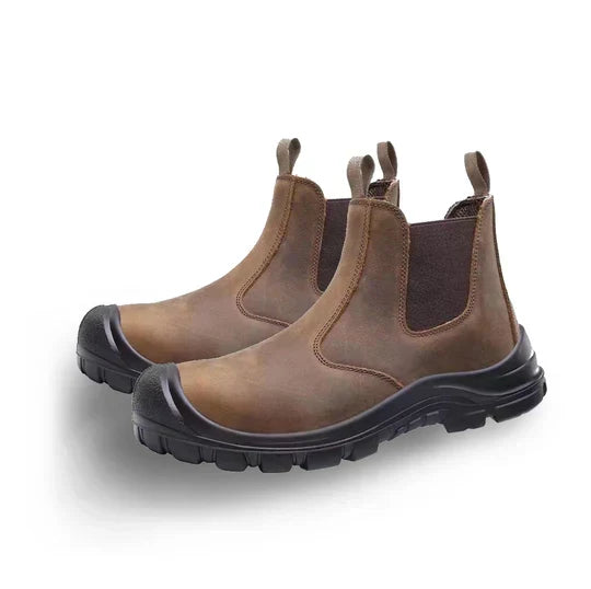 Side profile of mens black orthopaedic work and safety boots with durable slip resistant sole
