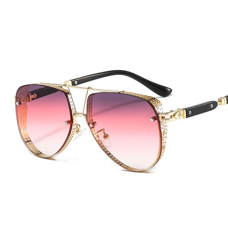 Fashionable women's UV400 oval metal sunglasses displayed flatlay style