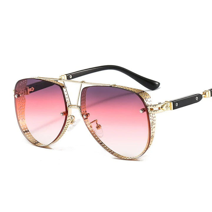 Fashionable women's UV400 oval metal sunglasses displayed flatlay style
