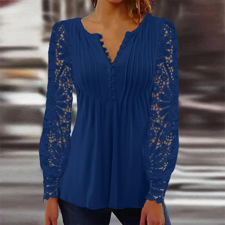 Women's elegant lace sleeve blouse in button-down casual chic style for fall fashion