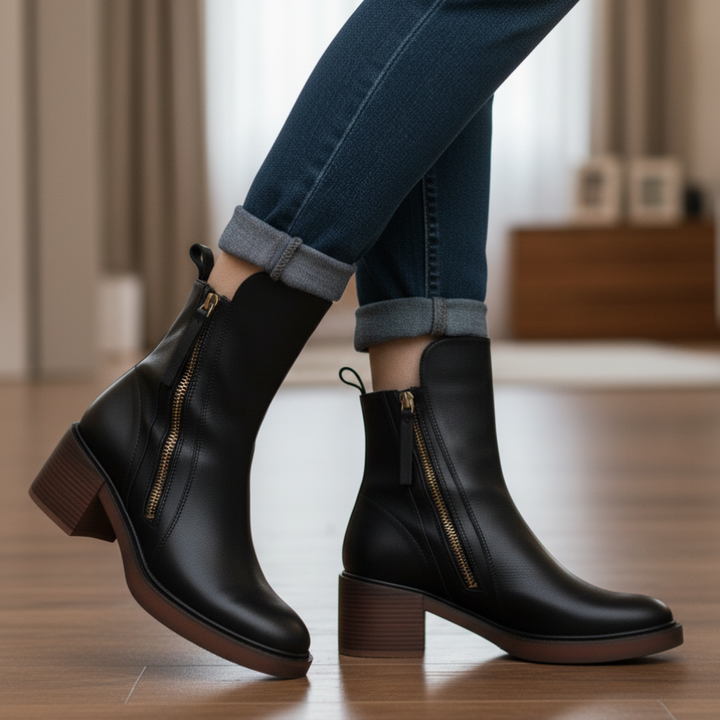 Angle shot of brown block heel boots styled for casual outfits