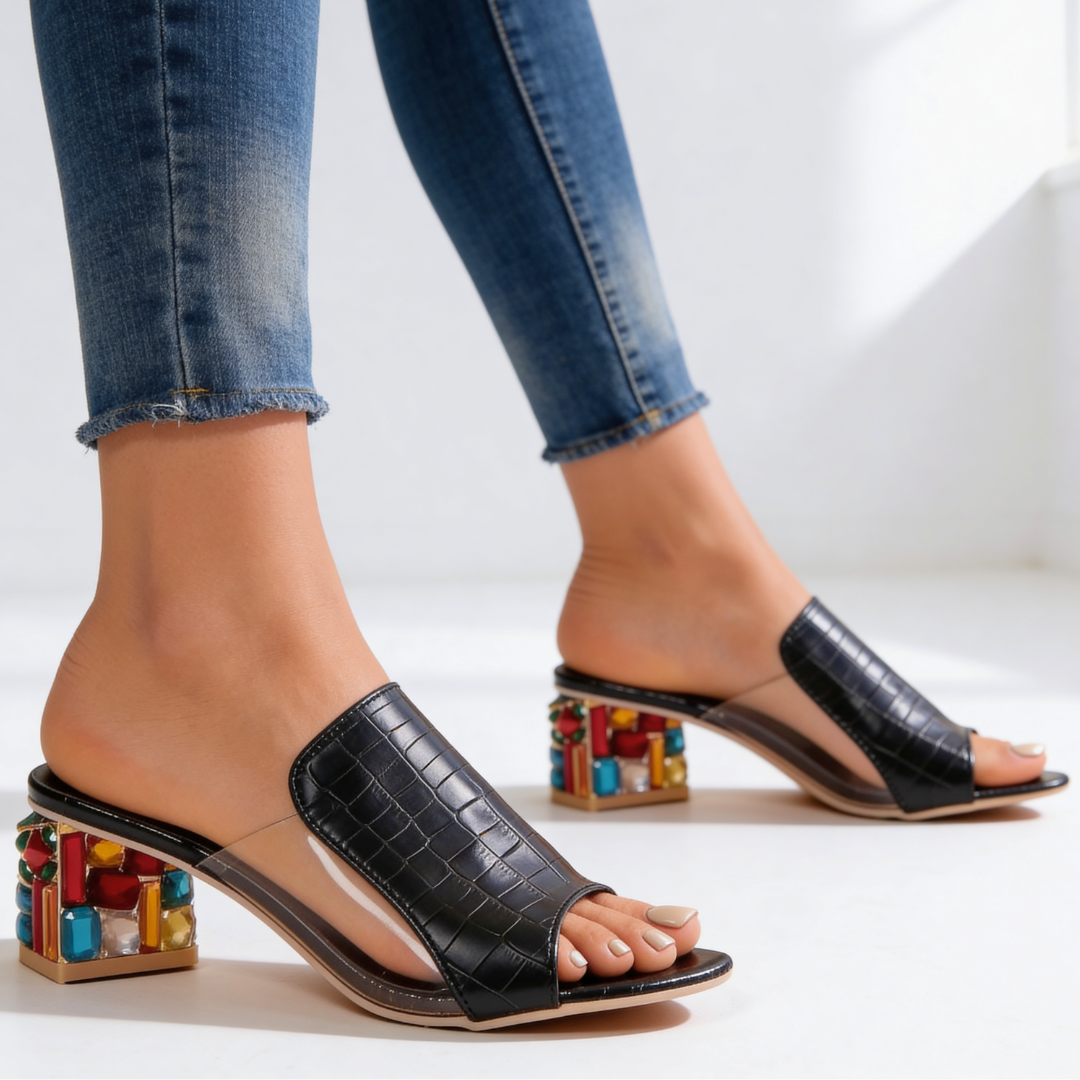 Side angle of women's rhinestone block heel peep-toe slide sandals showing comfortable arch support