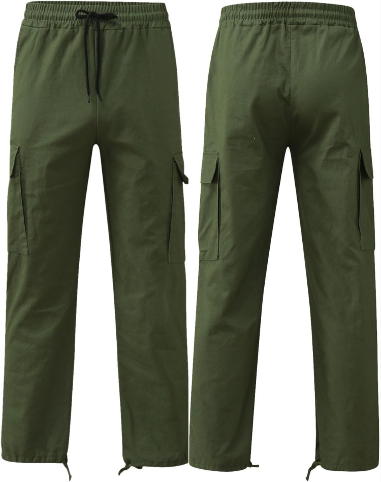 Front and back view of olive green cargo trousers featuring an adjustable drawstring waist