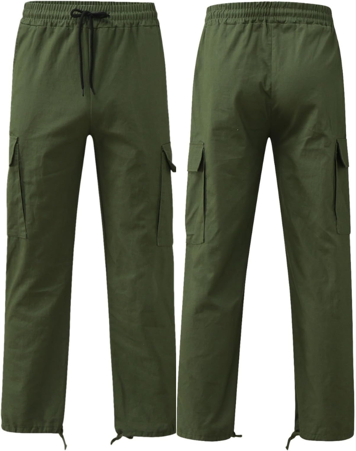 Front and back view of olive green cargo trousers featuring an adjustable drawstring waist