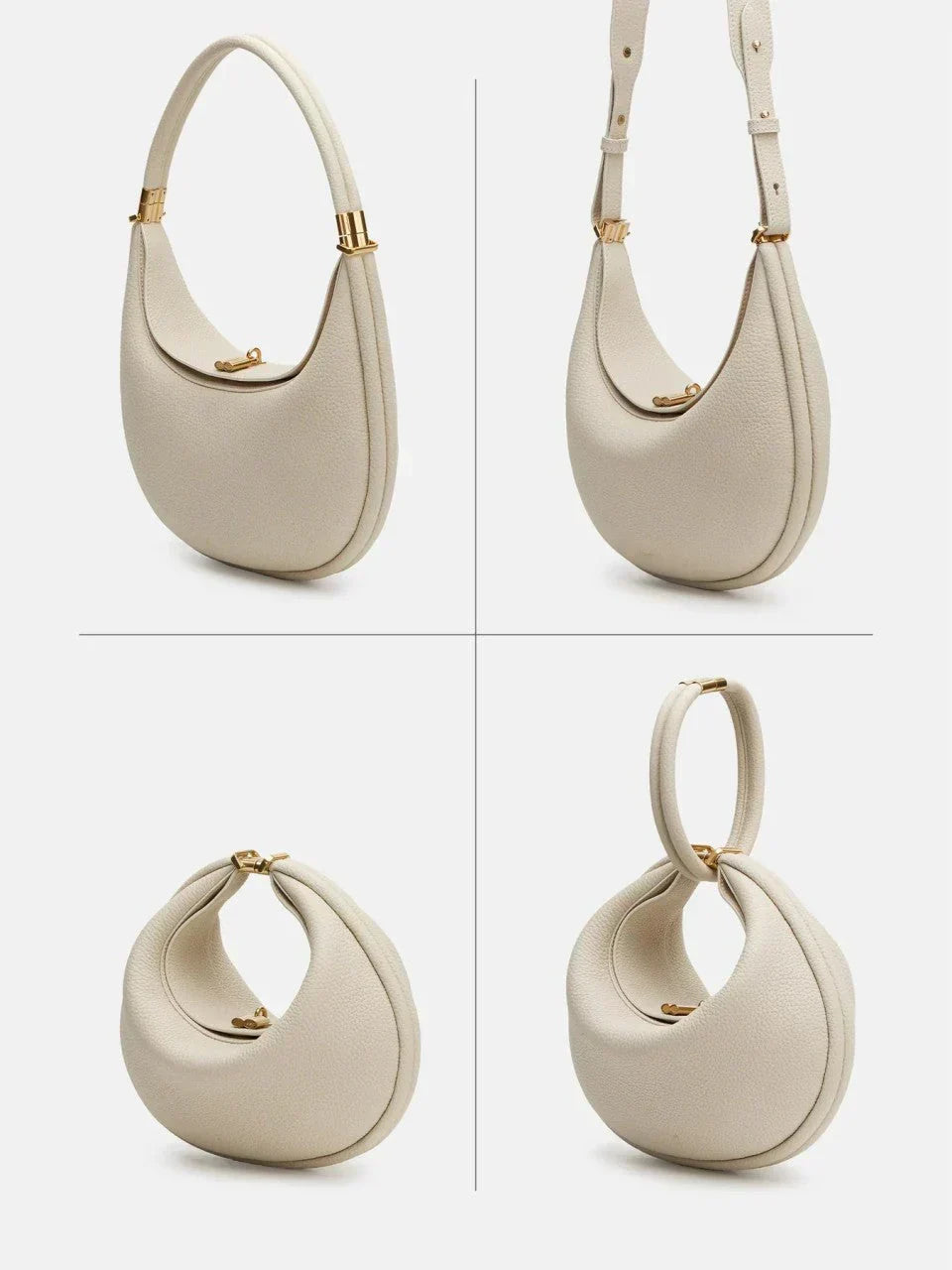 Close-up view of the ivory crescent crossbody bag showcasing hardware and texture
