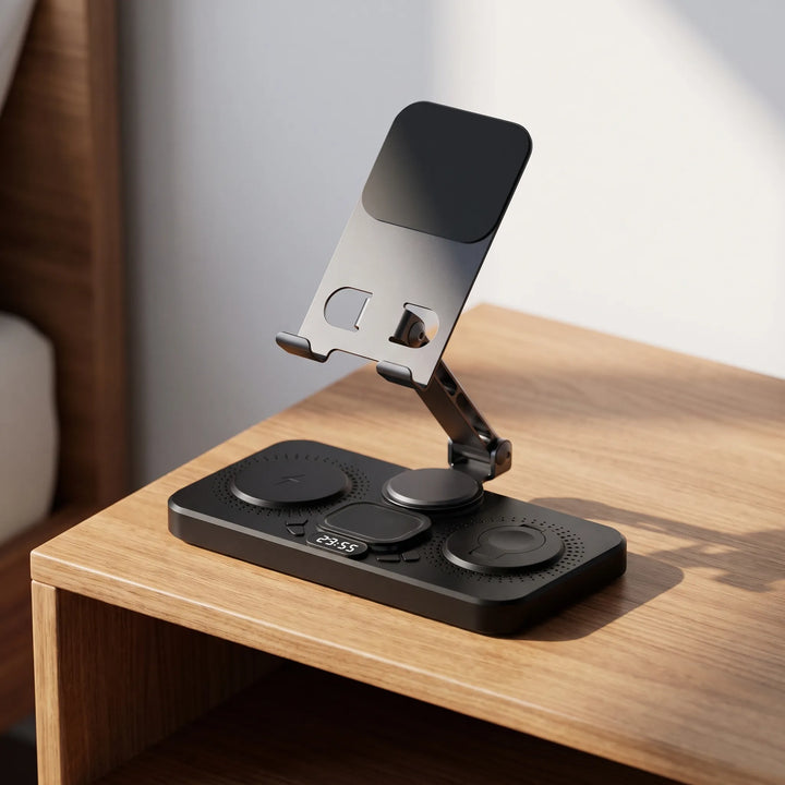 QuadCharge 4-in-1 wireless charging station in black on a wooden table