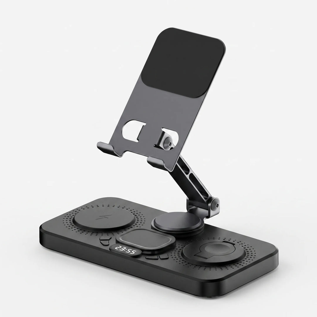 Studio view of the black QuadCharge wireless charging dock against a white background