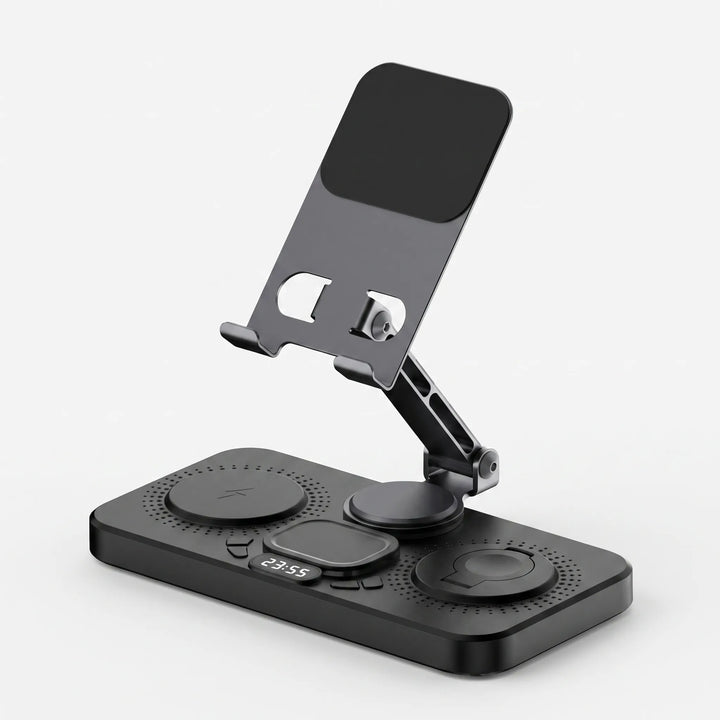Studio view of the black QuadCharge wireless charging dock against a white background