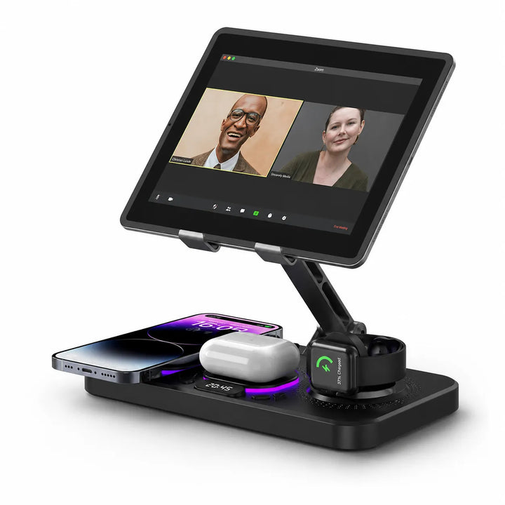 QuadCharge multi-device charging station actively powering a tablet, phone, watch, and earbuds
