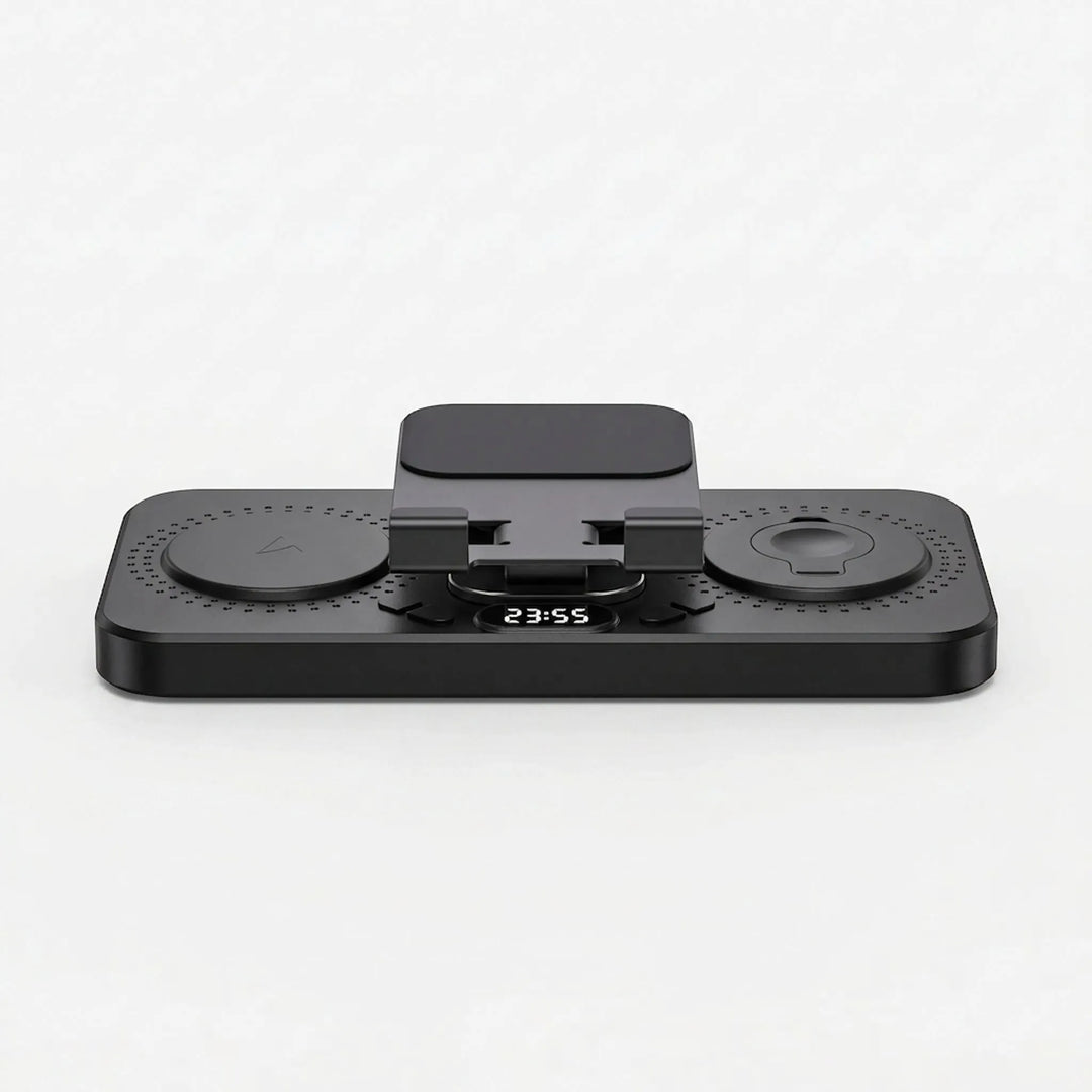 QuadCharge 4-in-1 wireless charging station with built-in digital clock on desk