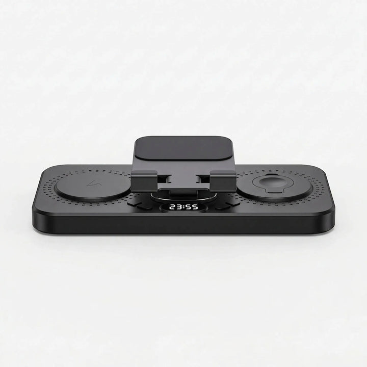 QuadCharge 4-in-1 wireless charging station with built-in digital clock on desk