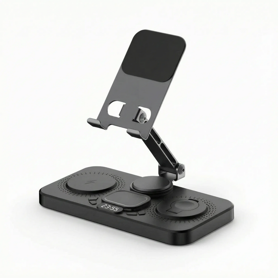 Multifunctional charging stand serving as a neat desk organizer for tech gadgets