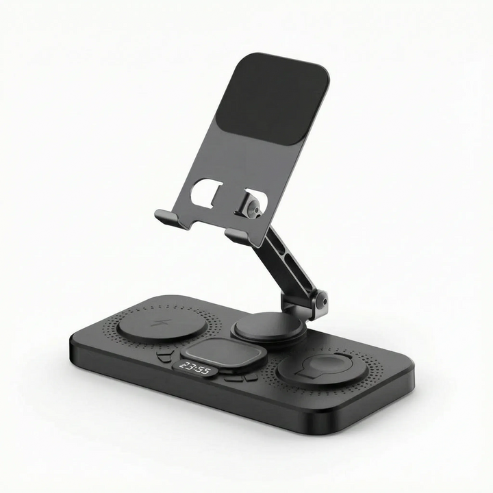 Multifunctional charging stand serving as a neat desk organizer for tech gadgets