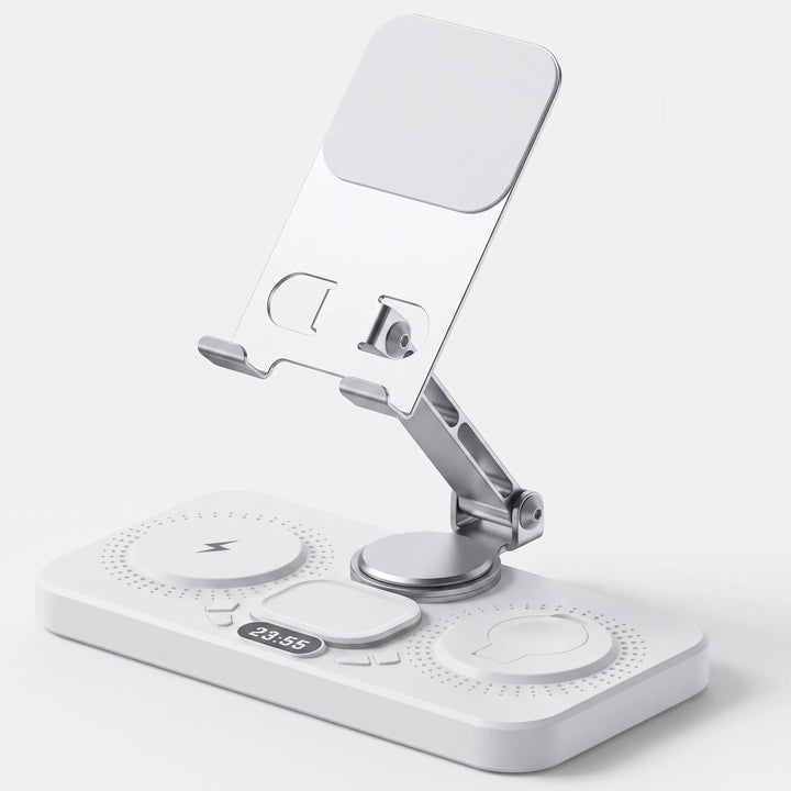 Angle view of the smart home phone dock and wireless charging station setup