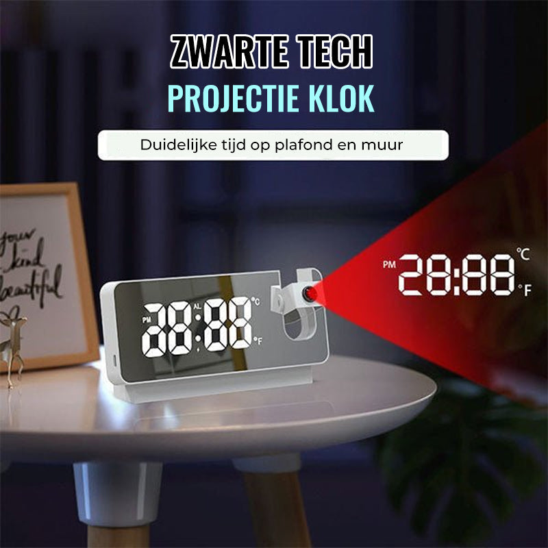 Home electronic gadget projection clock glowing in a dark bedroom