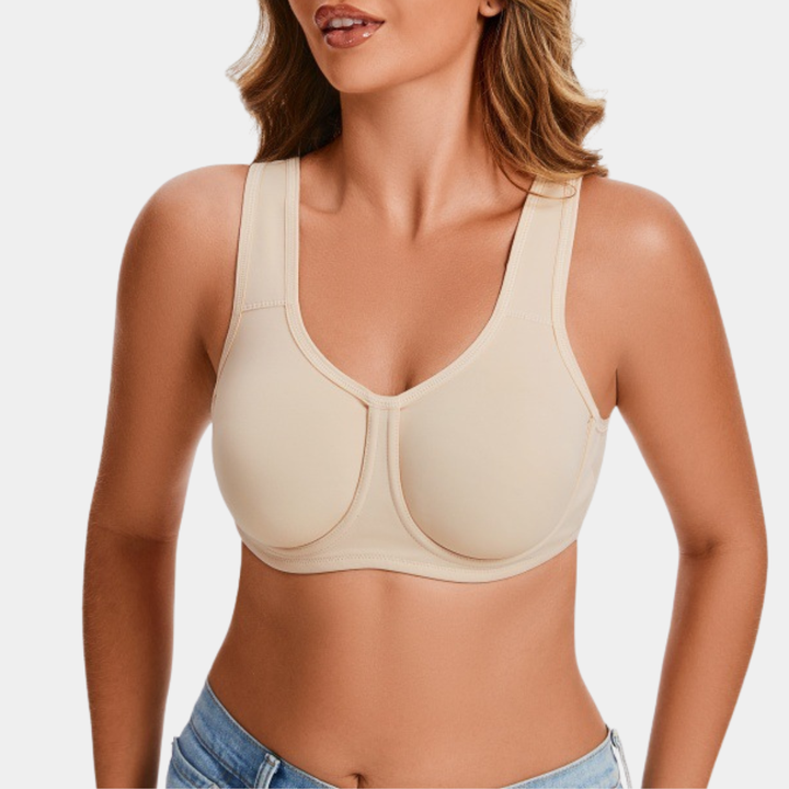 Womens support bra neckline and cup contour detail