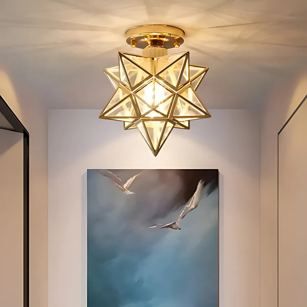 Modern gold LED ceiling lamp illuminating a stylish contemporary living room