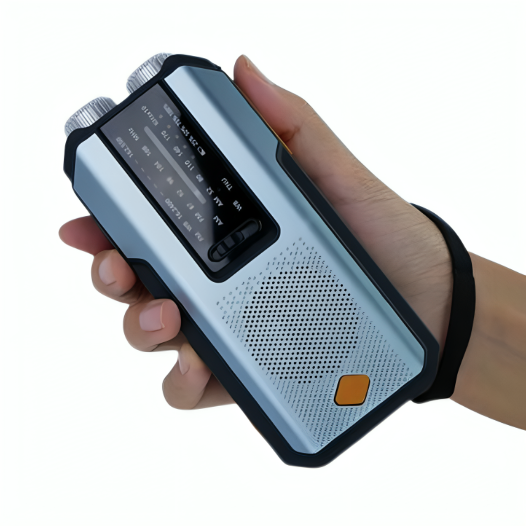 Top view of solar powered emergency radio showing control buttons and dials