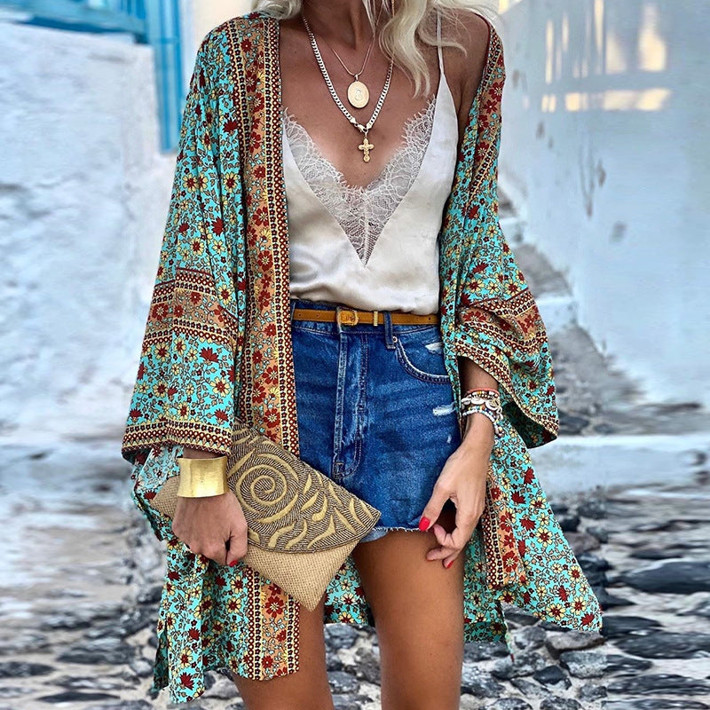 Back view of a women's boho pattern cardigan showcasing the casual bohemian layering design.