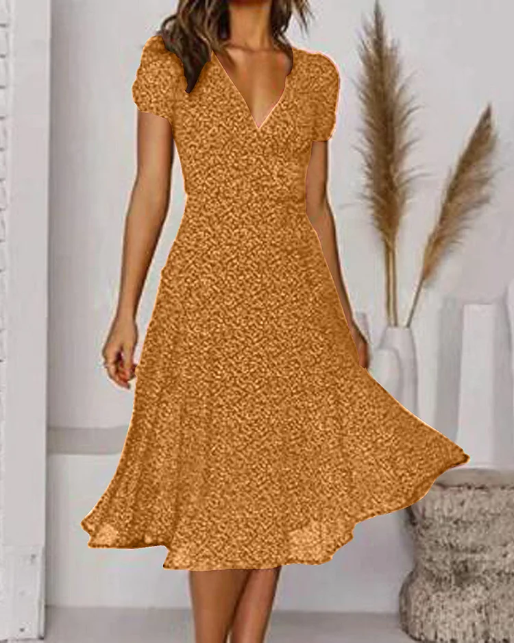 Womens V-neck puff sleeve midi dress back view showcasing flare design