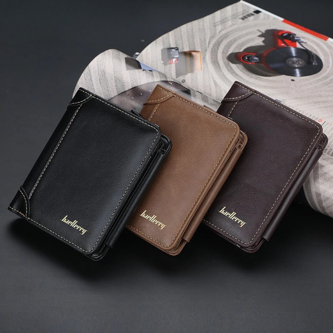 Minimalist leather card holder and bifold wallet showing stitch details