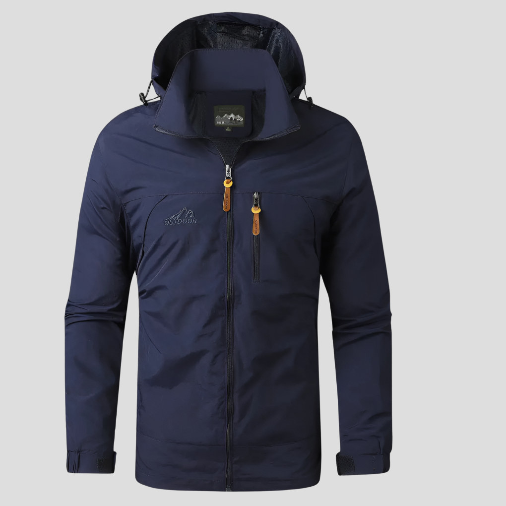 Black men's rain jacket designed for outdoor activities, highlighting its weather-resistant fabric.