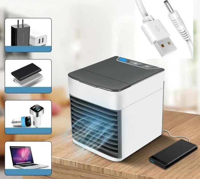 Portable mini air conditioner cooler showing top control buttons and sleek white design