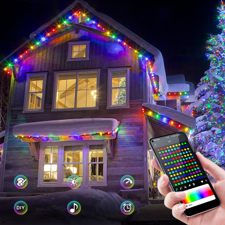 Illuminated holiday house decorated with smart RGBIC string lights and app interface overlay