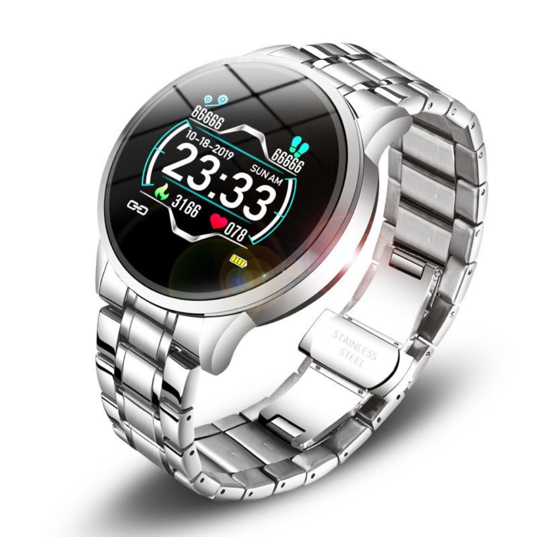 Silver TimelessTrack Smartwatch displaying time and fitness data