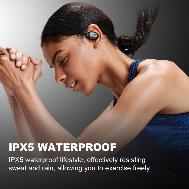 Black wireless open ear earbuds with silver charging case in hand