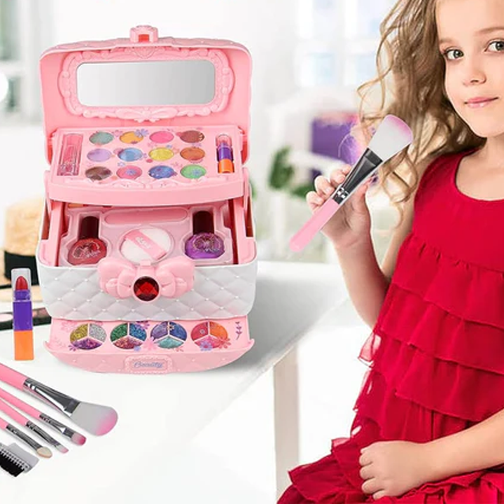 Washable kids makeup kit with glitter eyeshadow and safe cosmetic tools