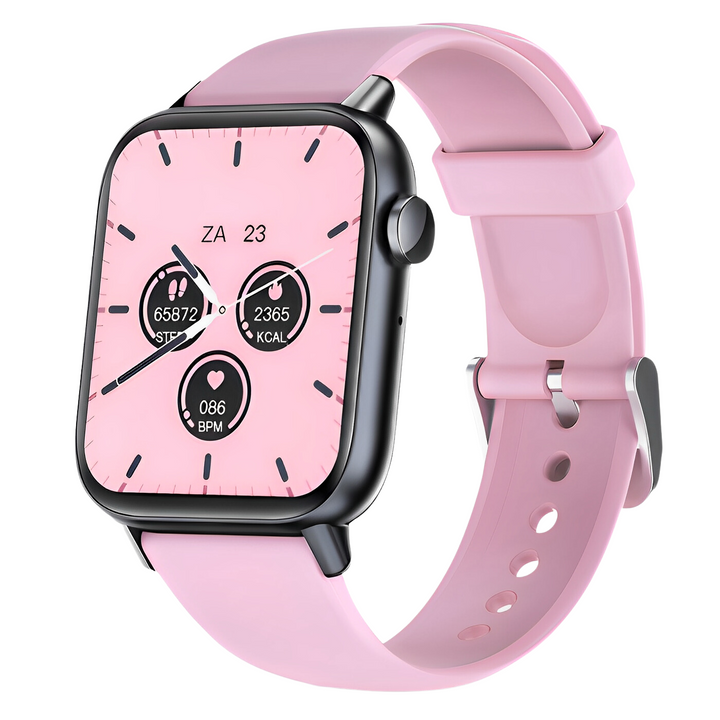 Fitness watch resting on surface with glowing screen showcasing comprehensive health monitoring