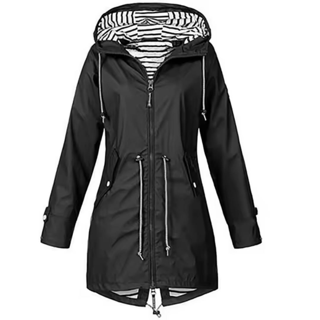 Black waterproof hooded rain jacket for women with striped lining