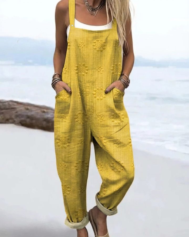 Back view of Women's Meadow Glow Floral Jumpsuit showing casual summer style