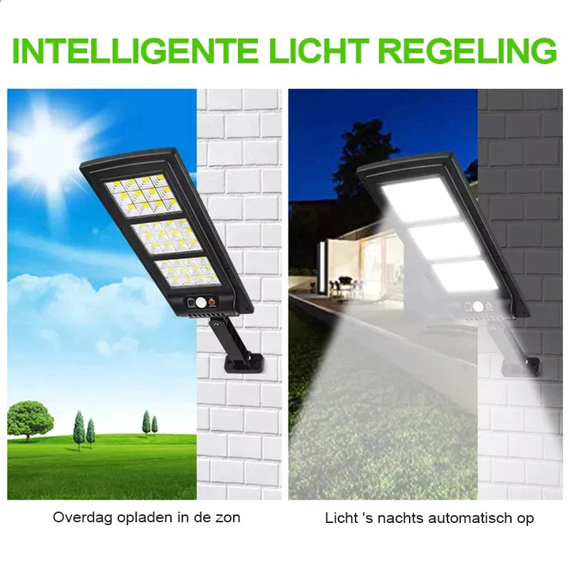 Smart solar security light demonstrating day charging and night lighting