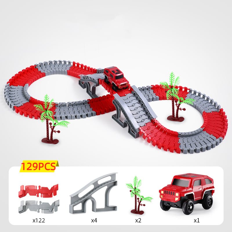 Close-up of LED toy race car driving on a glowing bendable track
