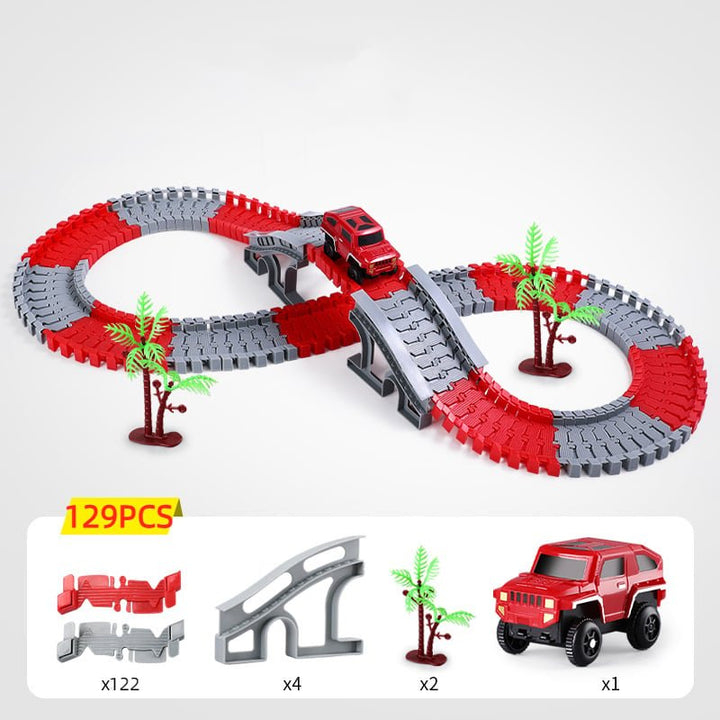 Close-up of LED toy race car driving on a glowing bendable track