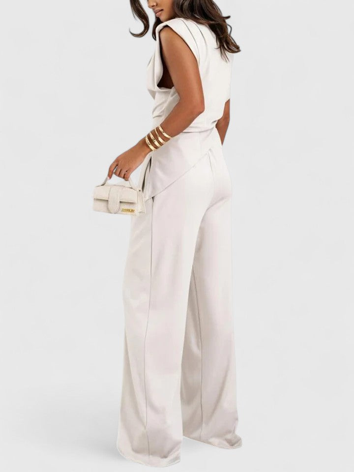 Elegant women's sleeveless top and wide leg trousers set in neutral tones