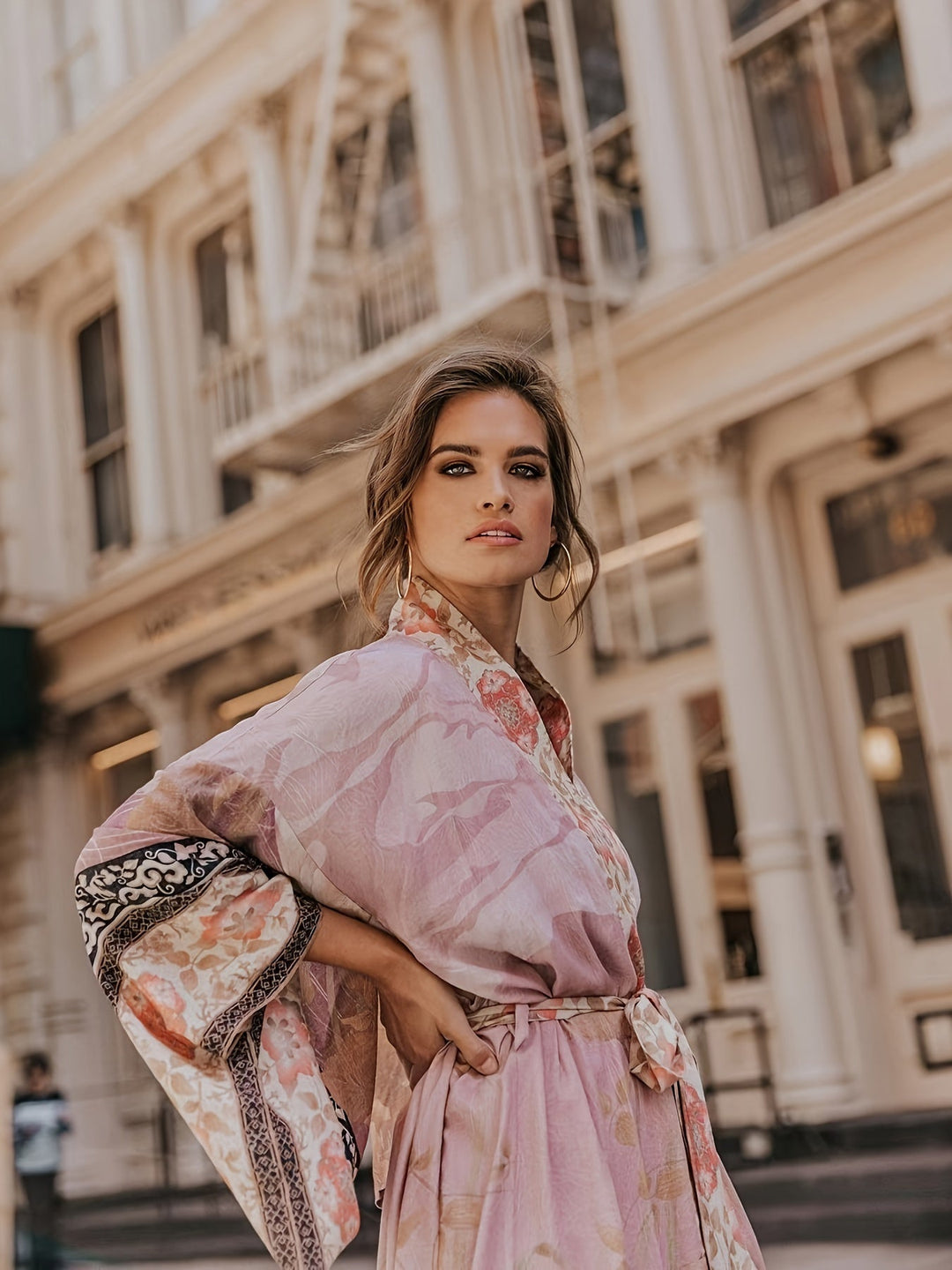 Full length view of womens floral kimono resort wear and summer fashion