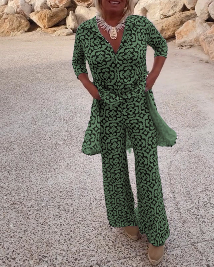 Detail shot of the wide-leg pants waistband and relaxed fit