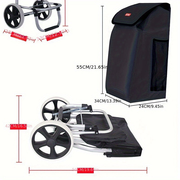 Portable shopping trolley with removable bag showing heavy-duty wheels