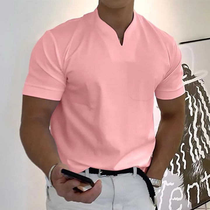 Close-up of the breathable cotton fabric texture on the men's polo shirt