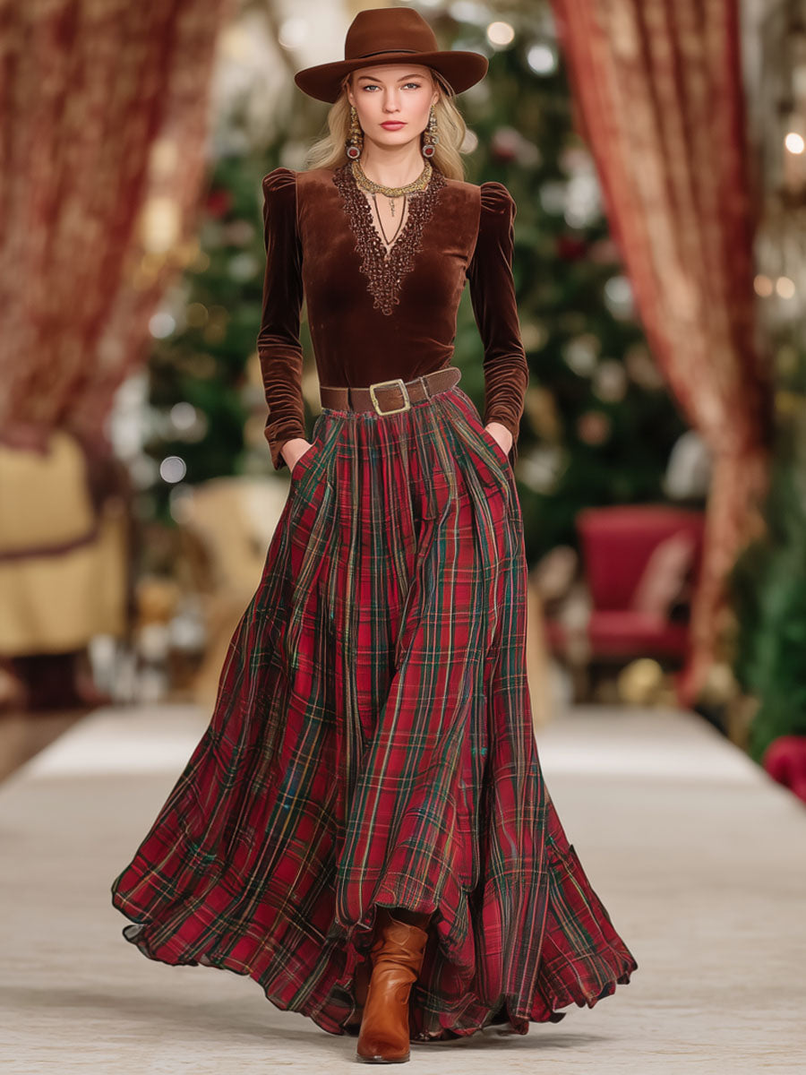 Back view of the chic holiday plaid skirt and matching top set for women