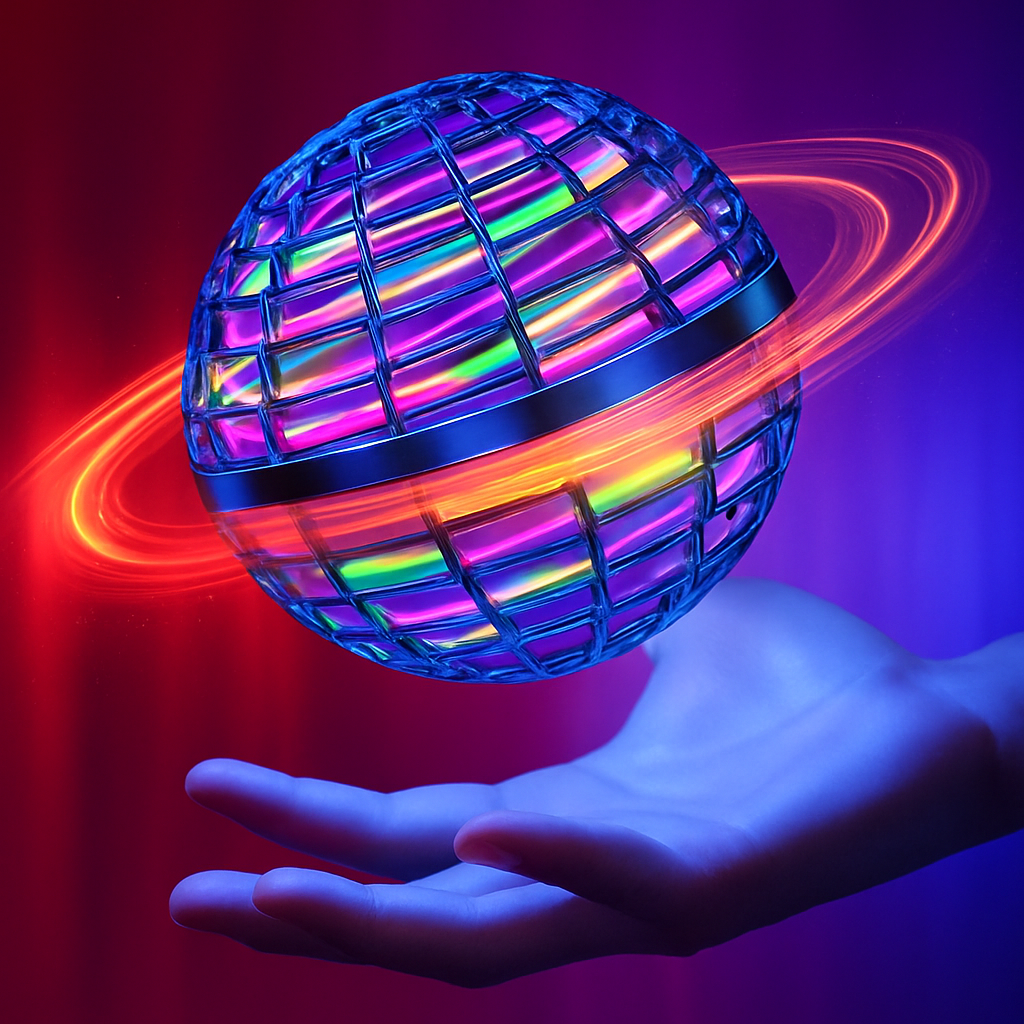 Magical flying hoverball mini drone toy for kids glowing in vibrant neon colors