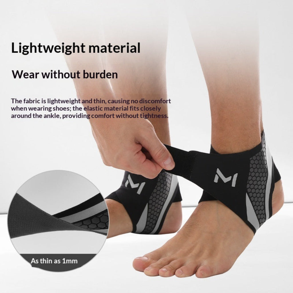 Close-up of lightweight 1mm thin compression ankle sleeve being adjusted on foot