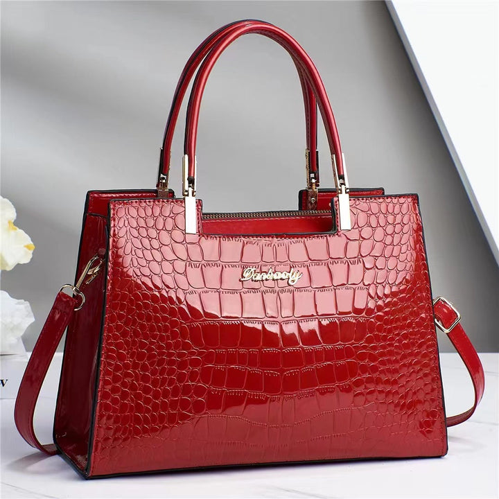 Interior view of spacious women's handbag with multiple compartments