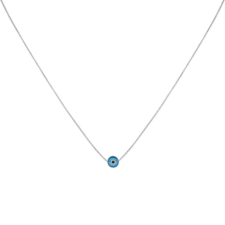 Blue evil eye charm necklace with silver chain against a clean background