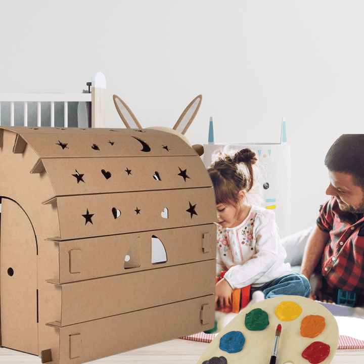 Kids DIY cardboard building set with pre-cut panels for creative play