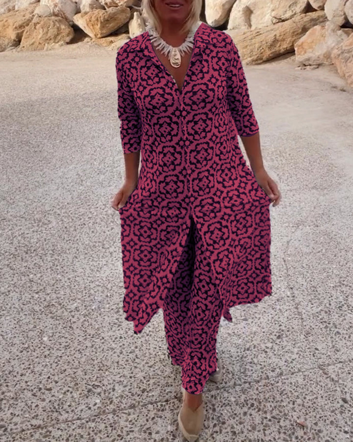 Flat lay of women's printed tunic top and matching wide-leg pants